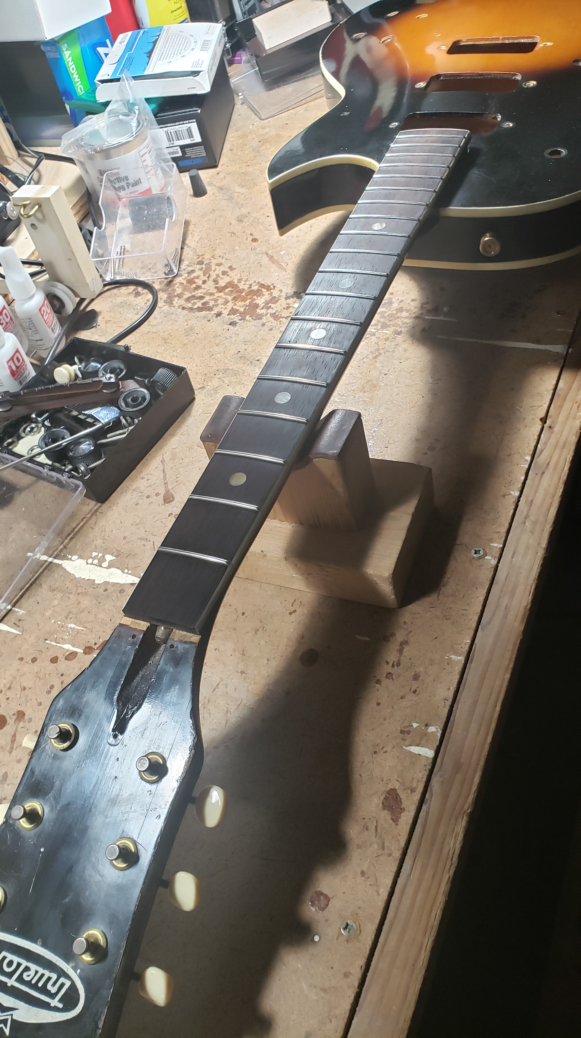 Leveling fretboard and refretting a Kay Speed Demon